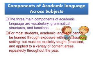 Suresh Babu G
Components of Academic language
Across Subjects
The three main components of academic
language are vocabulary, grammatical
structures, and functions. ...
For most students, academic language cannot
be learned through exposure within a classroom
setting, but must be explicitly taught, practiced,
and applied to a variety of content areas,
repeatedly throughout the year.
 