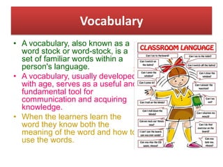 Suresh Babu G
Vocabulary
• A vocabulary, also known as a
word stock or word-stock, is a
set of familiar words within a
person's language.
• A vocabulary, usually developed
with age, serves as a useful and
fundamental tool for
communication and acquiring
knowledge.
• When the learners learn the
word they know both the
meaning of the word and how to
use the words.
 