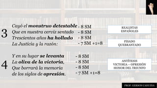 Cayó el monstruo detestable
Que en nuestra cerviz sentado
Trescientos años ha hollado
La Justicia y la razón:
Y en su lugar se levanta
La oliva de la victoria,
Que borrará la memoria
de los siglos de opresión.
REALISTAS
ESPAÑOLES
PISADO
QUEBRANTADO
ANTÍTESIS
VICTORIA – OPRESIÓN
HONOR DEL TRIUNFO
3
4
- 8 SM
- 8 SM
- 8 SM
- 7 SM +1=8
- 8 SM
- 8 SM
- 8 SM
- 7 SM +1=8
PROF. GERSON CAHUINA
 