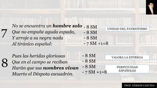 No se encuentra un hombre solo
Que no empuñe aguda espada,
Y arroje a su negra nada
Al tiránico español:
Pues las heridas gloriosas
Que en el campo se reciban
Harán que sus nombres vivan
Muerto el Déspota escuadrón.
UNIDAD DEL PATRIOTISMO
VALORA LA ENTREGA
PERPETUIDAD
ESPAÑOLES
7
8
- 8 SM
- 8 SM
- 8 SM
- 7 SM +1=8
- 8 SM
- 8 SM
- 8 SM
- 7 SM +1=8
PROF. GERSON CAHUINA
 