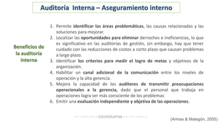1. Permite identificar las áreas problemáticas, las causas relacionadas y las
soluciones para mejorar.
2. Localizar las oportunidades para eliminar derroches e ineficiencias, lo que
es significativo en las auditorías de gestión, sin embargo, hay que tener
cuidado con las reducciones de costos a corto plazo que causan problemas
a largo plazo.
3. Identificar los criterios para medir el logro de metas y objetivos de la
organización.
4. Habilitar un canal adicional de la comunicación entre los niveles de
operación y la alta gerencia.
5. Mejora la capacidad de los auditores de transmitir preocupaciones
operacionales a la gerencia, dado que el personal que trabaja en
operaciones logra ser más consciente de los problemas
6. Emitir una evaluación independiente y objetiva de las operaciones.
(Armas & Malagón, 2005)
Beneficios de
la auditoría
interna
Auditoría Interna – Aseguramiento interno
 