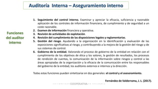 Auditoría Interna – Aseguramiento interno
1. Seguimiento del control interno. Examinar y apreciar la eficacia, suficiencia y razonable
aplicación de los controles de información financiera, de cumplimiento y de seguridad a un
coste razonable.
2. Examen de información financiera y operativa.
3. Revisión de actividades de explotación.
4. Revisión del cumplimiento de las disposiciones legales y reglamentarias.
5. Gestión del riesgo. Ayudando a la organización en la identificación y evaluación de las
exposiciones significativas al riesgo, y contribuyendo a la mejora de la gestión del riesgo y de
sus sistemas de control.
6. Gobierno de la entidad. Valorando el proceso de gobierno de la entidad en relación con el
cumplimiento de los objetivos de ética y los valores, la gestión de resultados, los procesos
de rendición de cuentas, la comunicación de la información sobre riesgos y control a las
áreas apropiadas de la organización y la eficacia de la comunicación entre los responsables
del gobierno de la entidad, los auditores externos e internos y la dirección.
Todas estas funciones pueden sintetizarse en dos generales: el control y el asesoramiento.
Funciones
del auditor
interno
Fernández de Valderrama, J. L. (2017).
 