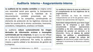 La auditoría de los estados contables se origina como
una necesidad social para aportar la transparencia
necesaria a incrementar la fiabilidad de la
documentación contable presentada por los
responsables de las compañías, constituyendo un
elemento de protección de los legítimos intereses de
todos los usuarios de la misma: accionistas, inversores,
acreedores, trabajadores, analistas o el Estado.
Auditoría Interna – Aseguramiento interno
La auditoría reduce sustancialmente los riesgos
derivados de información errónea o incompleta
suministrada por las empresas, lo que a su vez influye
en la reducción de otros riesgos asumidos por el gestor
en su actividad profesional. Por tanto, la auditoría
mejora y aporta calidad a las decisiones de gestión de
la empresa.
(Fernández de Valderrama, J. L., 2017)
La auditoría interna la que se enfoca en
el cumplimiento de los objetivos de la
organización.
Esta actividad se hace de manera
independiente con el fin de generar valor y
mejorar las operaciones del negocio.
Actividad independiente que tiene lugar
dentro de la empresa y que está
encaminada revisar operaciones
contables y de otra naturaleza, con la
finalidad de prestar un servicio a la
dirección. Revisa el sistema de control
interno, las políticas y procedimientos
definidos para proteger los activos del
negocio y, de esta forma, poder evitar fraudes,
sabotajes e incrementar la eficiencia y eficacia
operativa.
 