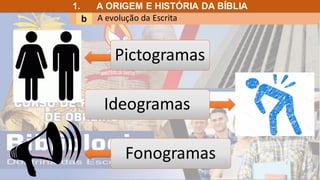 A evolução da Escrita
b
1. A ORIGEM E HISTÓRIA DA BÍBLIA
Pictogramas
Ideogramas
Fonogramas
 