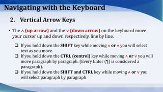 Navigating with the Keyboard
• The ˄ (up arrow) and the ˅ (down arrow) on the keyboard move
your cursor up and down respectively, line by line.
 If you hold down the SHIFT key while moving ˄ or ˅ you will select
text as you move.
 If you hold down the CTRL (control) key while moving ˄ or ˅ you will
move paragraph by paragraph. (Every Enter (¶) is considered a
paragraph).
 If you hold down the SHIFT and CTRL key while moving ˄ or ˅ you
will select paragraph by paragraph
2. Vertical Arrow Keys
 