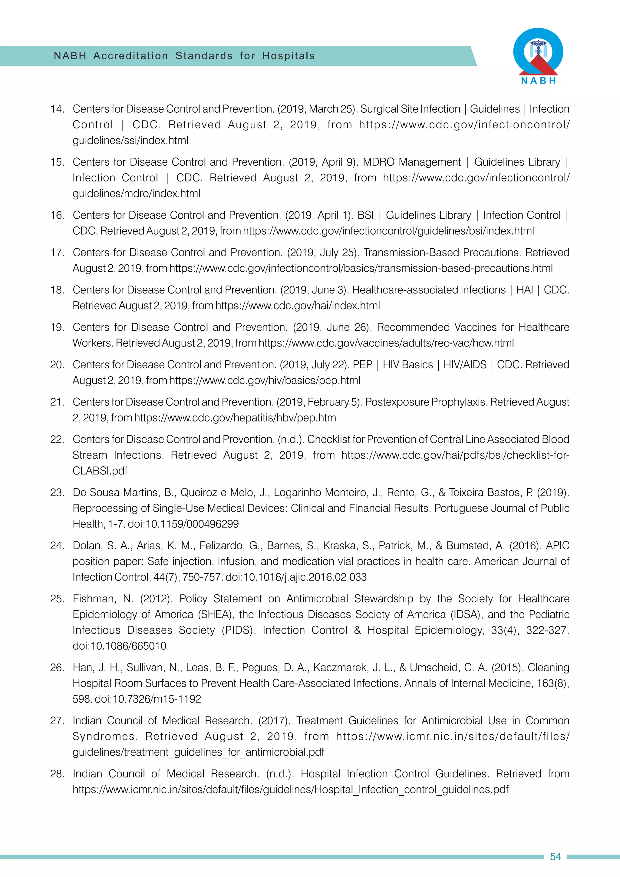 23. De Sousa Martins, B., Queiroz e Melo, J., Logarinho Monteiro, J., Rente, G., & Teixeira Bastos, P
. (2019).
Reprocessing of Single-Use Medical Devices: Clinical and Financial Results. Portuguese Journal of Public
Health, 1-7. doi:10.1159/000496299
28. Indian Council of Medical Research. (n.d.). Hospital Infection Control Guidelines. Retrieved from
https://www.icmr.nic.in/sites/default/files/guidelines/Hospital_Infection_control_guidelines.pdf
16. Centers for Disease Control and Prevention. (2019, April 1). BSI | Guidelines Library | Infection Control |
CDC. Retrieved August 2, 2019, from https://www.cdc.gov/infectioncontrol/guidelines/bsi/index.html
17. Centers for Disease Control and Prevention. (2019, July 25). Transmission-Based Precautions. Retrieved
August 2, 2019, from https://www.cdc.gov/infectioncontrol/basics/transmission-based-precautions.html
25. Fishman, N. (2012). Policy Statement on Antimicrobial Stewardship by the Society for Healthcare
Epidemiology of America (SHEA), the Infectious Diseases Society of America (IDSA), and the Pediatric
Infectious Diseases Society (PIDS). Infection Control & Hospital Epidemiology, 33(4), 322-327.
doi:10.1086/665010
21. Centers for Disease Control and Prevention. (2019, February 5). Postexposure Prophylaxis. Retrieved August
2, 2019, from https://www.cdc.gov/hepatitis/hbv/pep.htm
14. Centers for Disease Control and Prevention. (2019, March 25). Surgical Site Infection | Guidelines | Infection
Control | CDC. Retrieved August 2, 2019, from https://www.cdc.gov/infectioncontrol/
guidelines/ssi/index.html
19. Centers for Disease Control and Prevention. (2019, June 26). Recommended Vaccines for Healthcare
Workers. Retrieved August 2, 2019, from https://www.cdc.gov/vaccines/adults/rec-vac/hcw.html
20. Centers for Disease Control and Prevention. (2019, July 22). PEP | HIV Basics | HIV/AIDS | CDC. Retrieved
August 2, 2019, from https://www.cdc.gov/hiv/basics/pep.html
15. Centers for Disease Control and Prevention. (2019, April 9). MDRO Management | Guidelines Library |
Infection Control | CDC. Retrieved August 2, 2019, from https://www.cdc.gov/infectioncontrol/
guidelines/mdro/index.html
18. Centers for Disease Control and Prevention. (2019, June 3). Healthcare-associated infections | HAI | CDC.
Retrieved August 2, 2019, from https://www.cdc.gov/hai/index.html
22. Centers for Disease Control and Prevention. (n.d.). Checklist for Prevention of Central Line Associated Blood
Stream Infections. Retrieved August 2, 2019, from https://www.cdc.gov/hai/pdfs/bsi/checklist-for-
CLABSI.pdf
24. Dolan, S. A., Arias, K. M., Felizardo, G., Barnes, S., Kraska, S., Patrick, M., & Bumsted, A. (2016). APIC
position paper: Safe injection, infusion, and medication vial practices in health care. American Journal of
Infection Control, 44(7), 750-757. doi:10.1016/j.ajic.2016.02.033
26. Han, J. H., Sullivan, N., Leas, B. F., Pegues, D. A., Kaczmarek, J. L., & Umscheid, C. A. (2015). Cleaning
Hospital Room Surfaces to Prevent Health Care-Associated Infections. Annals of Internal Medicine, 163(8),
598. doi:10.7326/m15-1192
27. Indian Council of Medical Research. (2017). Treatment Guidelines for Antimicrobial Use in Common
Syndromes. Retrieved August 2, 2019, from https://www.icmr.nic.in/sites/default/files/
guidelines/treatment_guidelines_for_antimicrobial.pdf
NABH Accreditation Standards for Hospitals
54
 