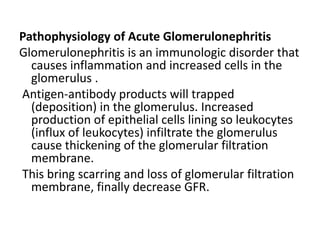 Pathophysiology of Acute Glomerulonephritis
Glomerulonephritis is an immunologic disorder that
causes inflammation and increased cells in the
glomerulus .
Antigen-antibody products will trapped
(deposition) in the glomerulus. Increased
production of epithelial cells lining so leukocytes
(influx of leukocytes) infiltrate the glomerulus
cause thickening of the glomerular filtration
membrane.
This bring scarring and loss of glomerular filtration
membrane, finally decrease GFR.
 