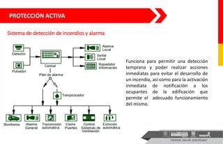 Sistema de detección de incendios y alarma
Funciona para permitir una detección
temprana y poder realizar acciones
inmediatas para evitar el desarrollo de
un incendio, así como para la activación
inmediata de notificación a los
ocupantes de la edificación que
permite el adecuado funcionamiento
del mismo.
PROTECCIÓN ACTIVA
 