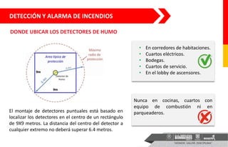 DETECCIÓN Y ALARMA DE INCENDIOS
El montaje de detectores puntuales está basado en
localizar los detectores en el centro de un rectángulo
de 9X9 metros. La distancia del centro del detector a
cualquier extremo no deberá superar 6.4 metros.
DONDE UBICAR LOS DETECTORES DE HUMO
Nunca en cocinas, cuartos con
equipo de combustión ni en
parqueaderos.
• En corredores de habitaciones.
• Cuartos eléctricos.
• Bodegas.
• Cuartos de servicio.
• En el lobby de ascensores.
 