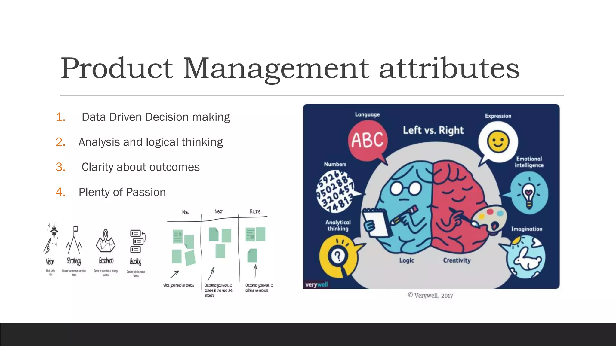 Product Management attributes
1. Data Driven Decision making
2. Analysis and logical thinking
3. Clarity about outcomes
4. Plenty of Passion