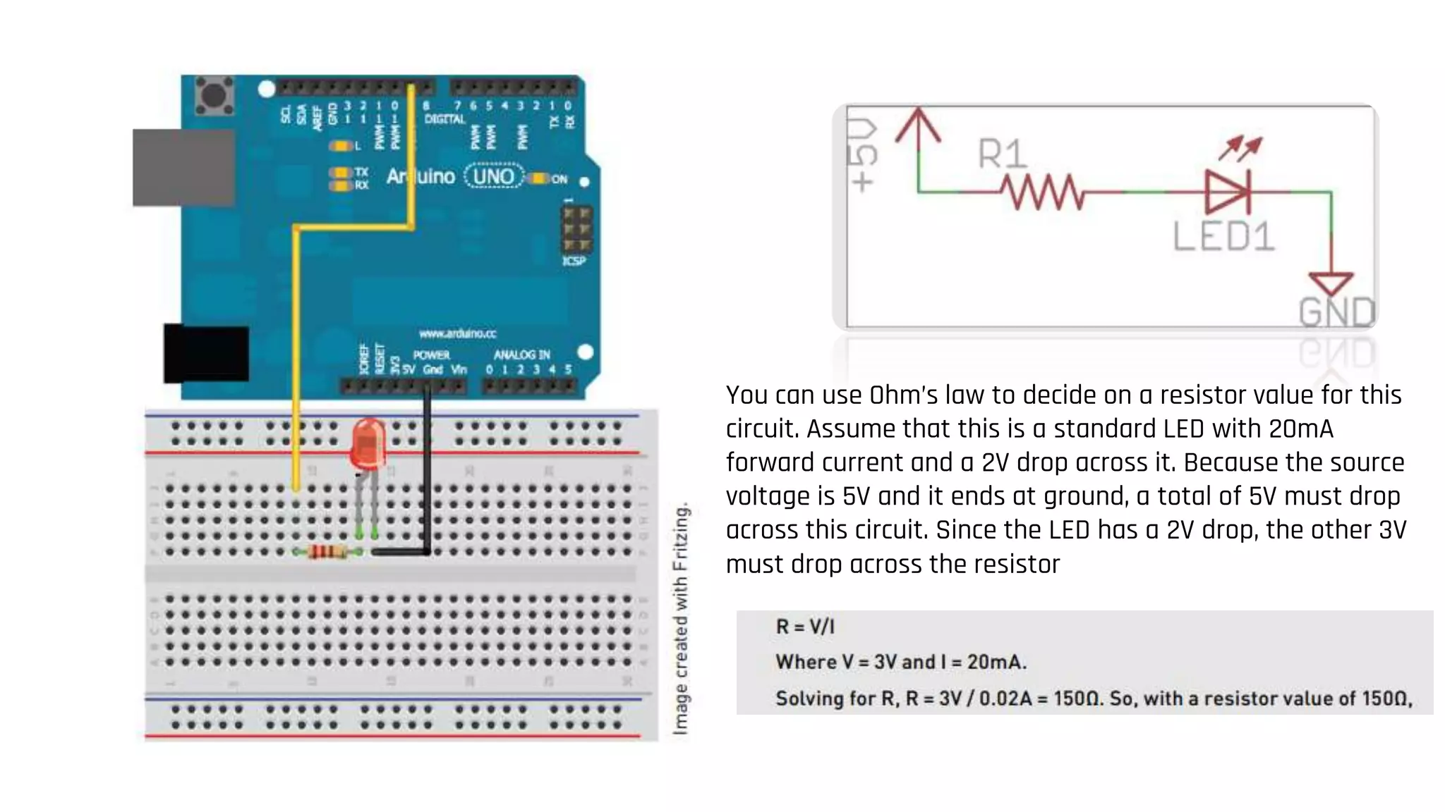 You can use Ohm’s law to decide on a resistor value for this
circuit. Assume that this is a standard LED with 20mA
forward current and a 2V drop across it. Because the source
voltage is 5V and it ends at ground, a total of 5V must drop
across this circuit. Since the LED has a 2V drop, the other 3V
must drop across the resistor
 