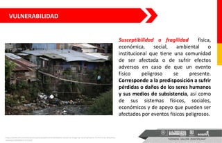 VULNERABILIDAD
Susceptibilidad o fragilidad física,
económica, social, ambiental o
institucional que tiene una comunidad
de ser afectada o de sufrir efectos
adversos en caso de que un evento
físico peligroso se presente.
Corresponde a la predisposición a sufrir
pérdidas o daños de los seres humanos
y sus medios de subsistencia, así como
de sus sistemas físicos, sociales,
económicos y de apoyo que pueden ser
afectados por eventos físicos peligrosos.
https://www.efe.com/efe/america/sociedad/vulnerabilidades-elevan-el-riesgo-de-centroamerica-frente-a-los-desastres-
naturales/20000013-4173329
 