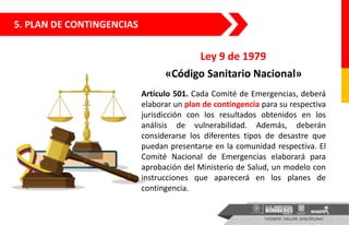 Artículo 501. Cada Comité de Emergencias, deberá
elaborar un plan de contingencia para su respectiva
jurisdicción con los resultados obtenidos en los
análisis de vulnerabilidad. Además, deberán
considerarse los diferentes tipos de desastre que
puedan presentarse en la comunidad respectiva. El
Comité Nacional de Emergencias elaborará para
aprobación del Ministerio de Salud, un modelo con
instrucciones que aparecerá en los planes de
contingencia.
«Código Sanitario Nacional»
Ley 9 de 1979
5. PLAN DE CONTINGENCIAS
 