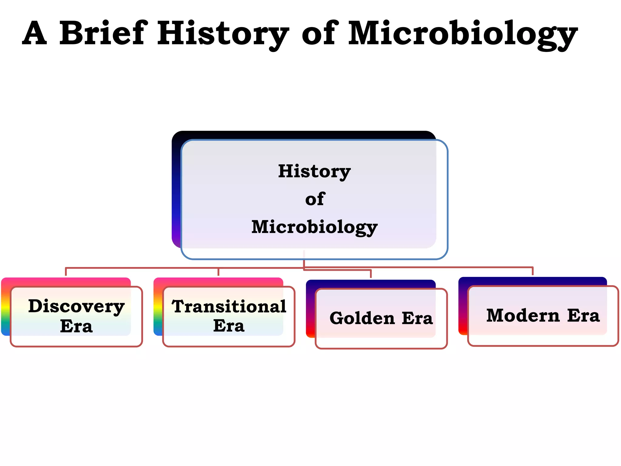 History
of
Microbiology
Discovery
Era
Transitional
Era Golden Era Modern Era
A Brief History of Microbiology
 