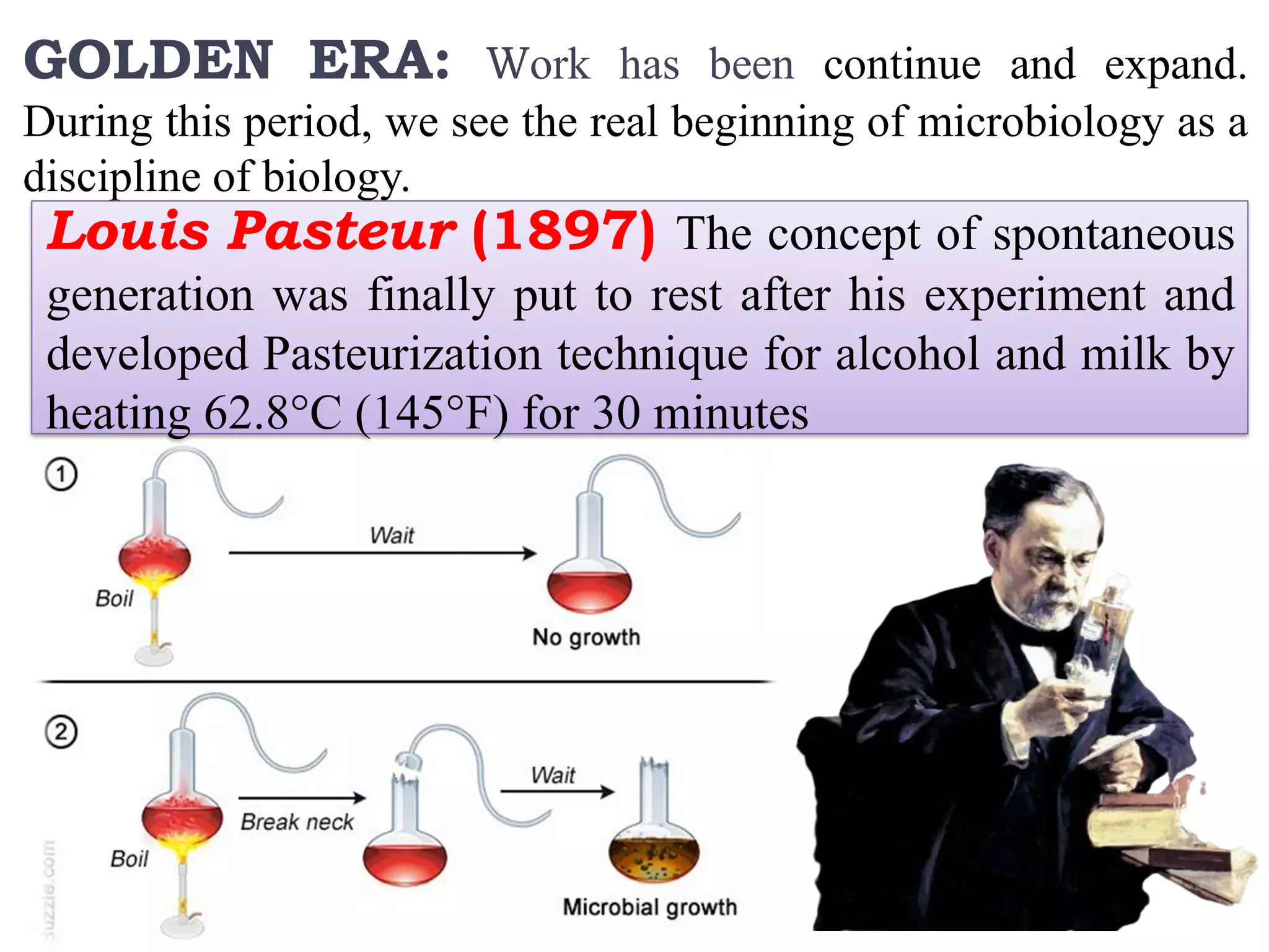 GOLDEN ERA: Work has been continue and expand.
During this period, we see the real beginning of microbiology as a
discipline of biology.
Louis Pasteur (1897) The concept of spontaneous
generation was finally put to rest after his experiment and
developed Pasteurization technique for alcohol and milk by
heating 62.8°C (145°F) for 30 minutes
 