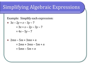 Simplifying Algebraic Expressions
Example: Simplify each expression:
⚫ 3x ‒ 2y + x ‒ 3y ‒ 7
= 3x + x ‒ 2y ‒ 3y ‒ 7
= 4x ‒ 5y ‒ 7
⚫ 2mn ‒ 5m + 3mn + n
= 2mn + 3mn ‒ 5m + n
= 5mn ‒ 5m + n
 
