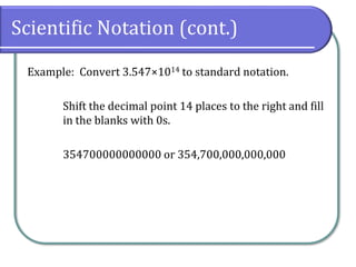 Scientific Notation (cont.)
Example: Convert 3.547×1014 to standard notation.
Shift the decimal point 14 places to the right and fill
in the blanks with 0s.
354700000000000 or 354,700,000,000,000
 