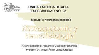R3 Anestesiología: Alexandra Gutiérrez Fernández
Profesor: Dr. Miguel Ángel López Oropeza
UNIDAD MEDICA DE ALTA
ESPECIALIDAD NO. 25
Modulo 1: Neuroanestesiología
 