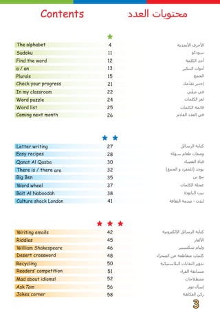 Plurals
Recycling
Desert crossword
William Shakespeare
Riddles
Writing emails
Culture shock London
Bait Al Naboodah
Word wheel
Qanat Al Qasba
Letter writing
Word puzzle
In my classroom
Check your progress
Sudoku
‫ﺍﻟﻌﺪﺩ‬ ‫ﻣﺤﺘﻮﻳﺎﺕ‬
Contents
Find the word
a / an
Easy recipes
Big Ben
Jokes corner
AskTom
Mad about idioms!
11
12
13
15
21
22
24
27
28
30
35
37
38
41
42
45
46
48
50
52
56
58
The alphabet 4 ‫ﺍﻷﺑﺠﺪﻳﺔ‬ ‫ﺍﻷﺣﺮﻑ‬
‫ﺳﻮﺩﻛﻮ‬
‫ﺍﻟﻜﻠﻤﺔ‬ ‫ﺃﺟﺪ‬
‫ﺍﻟﺘﻨﻜﻴﺮ‬ ‫ﺃﺩﻭﺍﺕ‬
‫ﺍﻟﺠﻤﻊ‬
‫ﻣﻚ‬ّ
‫ﺪ‬‫ﺗﻘ‬ ‫ﺇﺧﺘﺒﺮ‬
‫ﻲ‬ّ
‫ﻔ‬‫ﺻ‬ ‫ﻓﻲ‬
‫ﺍﻟﻜﻠﻤﺎﺕ‬ ‫ﻟﻐﺰ‬
‫ﺍﻟﻜﻠﻤﺎﺕ‬ ‫ﻋﺠﻠﺔ‬
‫ﺑﻦ‬ ‫ﺑﻴﻎ‬
‫ﺳﻬﻠﺔ‬ ‫ﻃﻌﺎﻡ‬ ‫ﻭﺻﻔﺎﺕ‬
‫ﺍﻟﻘﺼﺒﺎء‬ ‫ﻗﻨﺎﺓ‬
‫ﺍﻟﺮﺳﺎﺋﻞ‬ ‫ﻛﺘﺎﺑﺔ‬
‫ﺍﻟﺜﻘﺎﻓﺔ‬ ‫ﺻﺪﻣﺔ‬ - ‫ﻟﻨﺪﻥ‬
‫ﺍﻹﻟﻜﺘﺮﻭﻧﻴﺔ‬ ‫ﺍﻟﺮﺳﺎﺋﻞ‬ ‫ﻛﺘﺎﺑﺔ‬
‫ﺍﻷﻟﻐﺎﺯ‬
‫ﺷﻜﺴﺒﻴﺮ‬ ‫ﻭﻟﻴﺎﻡ‬
‫ﺍﻟﺼﺤﺮﺍء‬ ‫ﻋﻦ‬ ‫ﻣﺘﻘﺎﻃﻌﺔ‬ ‫ﻛﻠﻤﺎﺕ‬
‫ﺍﻟﺒﻼﺳﺘﻴﻜﻴﺔ‬ ‫ﺍﻟﻨﻔﺎﻳﺎﺕ‬ ‫ﺗﺪﻭﻳﺮ‬
‫ﻣﺼﻄﻼﺣﺎﺕ‬
‫ﺗﻮﻡ‬ ‫ﺇﺳﺄﻝ‬
‫ﺍﻟﻔﻜﺎﻫﺔ‬ ‫ﺭﻛﻦ‬
Coming next month
Word list 25
26
‫ﺍﻟﻜﻠﻤﺎﺕ‬ ‫ﻗﺎﺋﻤﺔ‬
‫ﺍﻟﻘﺎﺩﻡ‬ ‫ﺍﻟﻌﺪﺩ‬ ‫ﻓﻲ‬
Readers‛ competition 51 ‫ﺍﻟﻘﺮﺍء‬ ‫ﻣﺴﺎﺑﻘﺔ‬
‫ﺍﻟﻨﺎﺑﻮﺩﺓ‬ ‫ﺑﻴﺖ‬
3
3
There is / there are 32 (‫ﺍﻟﺠﻤﻊ‬ ‫ﻭ‬ ‫)ﻟﻠﻤﻔﺮﺩ‬ ‫ﻳﻮﺟﺪ‬
 