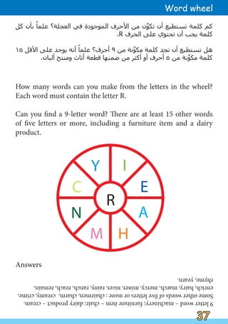 How many words can you make from the letters in the wheel?
Each word must contain the letter R.
Can you find a 9-letter word? There are at least 15 other words
of five letters or more, including a furniture item and a dairy
product.
9
letter
word
–
machinery;
furniture
item
–
chair;
dairy
product
–
cream.
Some
other
words
of
five
letters
or
more
:
chairmen,
charm,
creamy,
crime,
enrich,
hairy,
march,
mercy,
miner,
nicer,
rainy,
ranch,
reach,
remain,
rhyme,
yearn.
Answers
‫ﻛﻞ‬ ‫ﺑﺄﻥ‬ ً
‫ﻋﻠﻤﺎ‬ ‫ﺍﻟﻌﺠﻠﺔ؟‬ ‫ﻓﻲ‬ ‫ﺍﻟﻤﻮﺟﻮﺩﺓ‬ ‫ﺍﻷﺣﺮﻑ‬ ‫ﻣﻦ‬ ‫ﻥ‬‫ﱢ‬
‫ﻮ‬‫ﺗﻜ‬ ‫ﺃﻥ‬ ‫ﺗﺴﺘﻄﻴﻊ‬ ‫ﻛﻠﻤﺔ‬ ‫ﻛﻢ‬
.R ‫ﺍﻟﺤﺮﻑ‬ ‫ﻋﻠﻰ‬ ‫ﺗﺤﺘﻮﻱ‬ ‫ﺃﻥ‬ ‫ﻳﺠﺐ‬ ‫ﻛﻠﻤﺔ‬
١٥ ‫ﺍﻷﻗﻞ‬ ‫ﻋﻠﻰ‬ ‫ﻳﻮﺟﺪ‬ ‫ﺃﻧﻪ‬ ً
‫ﻋﻠﻤﺎ‬ ‫ﺃﺣﺮﻑ؟‬ ٩ ‫ﻣﻦ‬ ‫ﻧﺔ‬‫ﱠ‬
‫ﻮ‬‫ﻣﻜ‬ ‫ﻛﻠﻤﺔ‬ ‫ﺗﺠﺪ‬ ‫ﺃﻥ‬ ‫ﺗﺴﺘﻄﻴﻊ‬ ‫ﻫﻞ‬
.‫ﺃﻟﺒﺎﻥ‬ ‫ﻭﻣﻨﺘﺞ‬ ‫ﺃﺛﺎﺙ‬ ‫ﻗﻄﻌﺔ‬ ‫ﺿﻤﻨﻬﺎ‬ ‫ﻣﻦ‬ ‫ﺃﻛﺜﺮ‬ ‫ﺃﻭ‬ ‫ﺃﺣﺮﻑ‬ ٥ ‫ﻣﻦ‬ ‫ﻧﺔ‬‫ﱠ‬
‫ﻮ‬‫ﻣﻜ‬ ‫ﻛﻠﻤﺔ‬
R
Y I
E
A
H
M
N
C
Word wheel
37
37
 