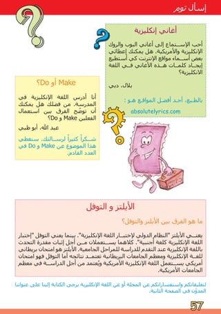 ‫ﺗﻮﻡ‬ ‫ﺇﺳﺄﻝ‬
57
57
‫ﺍﻟﺘﻮﻓﻞ‬ ‫ﻭ‬ ‫ﺍﻷﻳﻠﺘﺰ‬
‫ﻭﺍﻟﺘﻮﻓﻞ؟‬ ‫ﺍﻷﻳﻠﺘﺰ‬ ‫ﺑﻴﻦ‬ ‫ﺍﻟﻔﺮﻕ‬ ‫ﻫﻮ‬ ‫ﻣﺎ‬
‫ﺇﺧﺘﺒﺎﺭ‬ ‫ﺍﻟﺘﻮﻓﻞ‬ ‫ﻳﻌﻨﻲ‬ ‫ﺑﻴﻨﻤﺎ‬ .‫ﺍﻹﻧﻜﻠﻴﺰﻳﺔ‬ ‫ﺍﻟﻠﻐﺔ‬ ‫ﻹﺧﺘﺒــﺎﺭ‬ ‫ﺍﻟﺪﻭﻟﻲ‬ ‫ﺍﻟﻨﻈﺎﻡ‬ ‫ﺍﻷﻳﻠﺘﺰ‬ ‫ﻳﻌﻨــﻲ‬
‫ﺍﻟﺘﺤﺪﺙ‬ ‫ﻣﻘﺪﺭﺓ‬ ‫ﺇﺛﺒﺎﺕ‬ ‫ﺃﺟﻞ‬ ‫ﻣــﻦ‬ ‫ﻳﺴــﺘﻌﻤﻼﻥ‬ ‫ﻛﻼﻫﻤﺎ‬ .‫ﺃﺟﻨﺒﻴﺔ‬ ‫ﻛﻠﻐﺔ‬ ‫ﺍﻹﻧﻜﻠﻴﺰﻳﺔ‬ ‫ﺍﻟﻠﻐﺔ‬
‫ﺑﺮﻳﻄﺎﻧﻲ‬ ‫ﺍﻣﺘﺤﺎﻥ‬ ‫ﻫﻮ‬ ‫ﺍﻷﻳﻠﺘﺰ‬ .‫ﺍﻟﺠﺎﻣﻌﻴﺔ‬ ‫ﻟﻠﻤﺮﺍﺣﻞ‬ ‫ﻟﻠﺪﺭﺍﺳﺔ‬ ‫ﺍﻟﺘﻘﺪﻡ‬ ‫ﻋﻨﺪ‬ ‫ﺍﻹﻧﻜﻠﻴﺰﻳﺔ‬ ‫ﺑﺎﻟﻠﻐﺔ‬
‫ﺍﻣﺘﺤﺎﻥ‬ ‫ﻓﻬﻮ‬ ‫ﺍﻟﺘﻮﻓﻞ‬ ‫ﺃﻣﺎ‬ ‫ﻧﺘﺎﺋﺠﻪ‬ ‫ﺗﻌﺘﻤــﺪ‬ ‫ﺍﻟﺒﺮﻳﻄﺎﻧﻴﺔ‬ ‫ﺍﻟﺠﺎﻣﻌﺎﺕ‬ ‫ﻭﻣﻌﻈﻢ‬ ‫ﺍﻹﻧﻜﻠﻴﺰﻳﺔ‬ ‫ﻟﻠﻐــﺔ‬
‫ﻣﻌﻈﻢ‬ ‫ﻓﻲ‬ ‫ﺍﻟﺪﺭﺍﺳــﺔ‬ ‫ﺃﺟﻞ‬ ‫ﻣﻦ‬ ‫ﻌﺘﻤﺪ‬ُ
‫ﻭﻳ‬ ‫ﺍﻷﻣﺮﻳﻜﻴﺔ‬ ‫ﺍﻹﻧﻜﻠﻴﺰﻳﺔ‬ ‫ﺍﻟﻠﻐﺔ‬ ‫ﻳﺴــﺘﻌﻤﻞ‬ ‫ﺃﻣﺮﻳﻜﻲ‬
.‫ﺍﻷﻣﺮﻳﻜﻴﺔ‬ ‫ﺍﻟﺠﺎﻣﻌﺎﺕ‬
?
?
‫ﻋﻨﻮﺍﻧﻨﺎ‬ ‫ﻋﻠﻰ‬ ‫ﺇﻟﻴﻨﺎ‬ ‫ﺍﻟﻜﺘﺎﺑﺔ‬ ‫ﻳﺮﺟﻰ‬ ‫ﺍﻹﻧﻜﻠﻴﺰﻳﺔ‬ ‫ﺍﻟﻠﻐﺔ‬ ‫ﻋﻦ‬ ‫ﺃﻭ‬ ‫ﺍﻟﻤﺠﻠﺔ‬ ‫ﻋﻦ‬ ‫ﻭﺍﺳﺘﻔﺴﺎﺭﺍﺗﻜﻢ‬ ‫ﻟﺘﻌﻠﻴﻘﺎﺗﻜﻢ‬
.‫ﺍﻟﺜﺎﻧﻴﺔ‬ ‫ﺍﻟﺼﻔﺤﺔ‬ ‫ﻓﻲ‬ ‫ﻥ‬ّ
‫ﺍﻟﻤﺪﻭ‬
‫؟‬Do ‫ﺃﻭ‬ Make
‫ﻓﻲ‬ ‫ﺍﻹﻧﻜﻠﻴﺰﻳﺔ‬ ‫ﺍﻟﻠﻐﺔ‬ ‫ﺃﺩﺭﺱ‬ ‫ﺃﻧﺎ‬
‫ﻳﻤﻜﻨﻚ‬ ‫ﻫﻞ‬ ‫ﻓﻀﻠﻚ‬ ‫ﻣﻦ‬ .‫ﺍﻟﻤﺪﺭﺳﺔ‬
‫ﺍﺳﺘﻌﻤﺎﻝ‬ ‫ﺑﻴﻦ‬ ‫ﺍﻟﻔﺮﻕ‬ ‫ﺢ‬ ّ
‫ﺗﻮﺿ‬ ‫ﺃﻥ‬
‫؟‬Do ‫ﻭ‬ Make ‫ﺍﻟﻔﻌﻠﻴﻦ‬
‫ﻇﺒﻲ‬ ‫ﺃﺑﻮ‬ ،‫ﺍﷲ‬ ‫ﻋﺒﺪ‬
‫ﺳﻨﻐﻄﻲ‬ .‫ﻟﺮﺳــﺎﻟﺘﻚ‬ ً
‫ﻛﺜﻴﺮﺍ‬ ً
‫ﺷــﻜﺮﺍ‬
‫ﻓﻲ‬ Do ‫ﻭ‬ Make ‫ﻋﻦ‬ ‫ﺍﻟﻤﻮﺿﻮﻉ‬ ‫ﻫﺬﺍ‬
.‫ﺍﻟﻘﺎﺩﻡ‬ ‫ﺍﻟﻌﺪﺩ‬
‫ﺇﻧﻜﻠﻴﺰﻳﺔ‬ ‫ﺃﻏﺎﻧﻲ‬
‫ﻭﺍﻟﺮﻭﻙ‬ ‫ﺍﻟﺒﻮﺏ‬ ‫ﺃﻏﺎﻧﻲ‬ ‫ﺇﻟﻰ‬ ‫ﺍﻹﺳــﺘﻤﺎﻉ‬ ‫ﺃﺣﺐ‬
‫ﺇﻋﻄﺎﺋﻲ‬ ‫ﻳﻤﻜﻨﻚ‬ ‫ﻫﻞ‬ .‫ﻭﺍﻷﻣﺮﻳﻜﻴﺔ‬ ‫ﺍﻹﻧﻜﻠﻴﺰﻳﺔ‬
‫ﺃﺳﺘﻄﻴﻊ‬ ‫ﻛﻲ‬ ‫ﺍﻹﻧﺘﺮﻧﺖ‬ ‫ﻣﻮﺍﻗﻊ‬ ‫ﺃﺳــﻤﺎء‬ ‫ﺑﻌﺾ‬
‫ﺍﻟﻠﻐﺔ‬ ‫ﻓــﻲ‬ ‫ﺍﻷﻏﺎﻧﻲ‬ ‫ﻫــﺬﻩ‬ ‫ﻛﻠﻤــﺎﺕ‬ ‫ﺇﻳﺠــﺎﺩ‬
‫ﺍﻻﻧﻜﻠﻴﺰﻳﺔ؟‬
‫ﺩﺑﻲ‬ ،‫ﺑﻼﻝ‬
: ‫ﻫـﻮ‬ ‫ﺍﻟﻤﻮﺍﻗـﻊ‬ ‫ﺃﻓﻀـﻞ‬ ‫ﺃﺣـﺪ‬ ،‫ﺑﺎﻟﻄـﺒﻊ‬
absolutelyrics.com
?
?
?
?
 