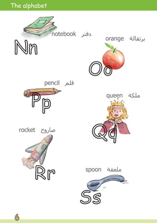 Nn
Oo
Pp
Rr
Ss
Qq
queen ‫ﻣﻠﻜﺔ‬
notebook ‫ﺩﻓﺘﺮ‬
orange ‫ﺑﺮﺗﻘﺎﻟﺔ‬
pencil ‫ﻗﻠﻢ‬
rocket ‫ﺻﺎﺭﻭﺥ‬
spoon ‫ﻣﻠﻌﻘﺔ‬
6
6
The alphabet
 