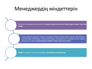 Менеджердің міндеттерін
ұйымның операциялық кызметінің жалпы стратегиясы мен бағыттарын жасап, оны іске
асыру
шіне өндірістік үдерісті, өндіріс қуаттарын қайда орналастыру туралы шешімдерді,
кэсіпорынды жобалауды, өнімді жобалауды, орындалатын стандарттар мен жұмыс
мөлшері де кіретін операциялық жүйені жасау және іске енгізу
жүйені күнделікті қаржыландыруды жоспарлау мен бақылау
 