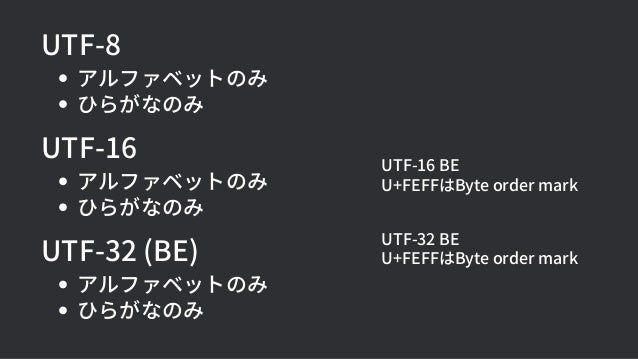 アルファベットのみ
ひらがなのみ
UTF-8
アルファベットのみ
ひらがなのみ
UTF-16
アルファベットのみ
ひらがなのみ
UTF-32 (BE)
UTF-16 BE
U+FEFFはByte order mark
UTF-32 BE
U+FEFFはByte order mark
 