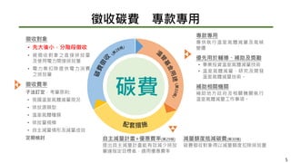 徵收碳費 專款專用
5
PPT模板下载：www.1ppt.com/moban/ 业PPT模板：
www.1ppt.com/hangye/
节日PPT模板：www.1ppt.com/jieri/ PPT素材下载：
www.1ppt.com/sucai/
PPT背景图片：www.1ppt.com/beijing/ PPT图表下载：
www.1ppt.com/tubiao/
优秀PPT下载：www.1ppt.com/xiazai/ PPT教程：
www.1ppt.com/powerpoint/
Word教程： www.1ppt.com/word/ Excel教程：
www.1ppt.com/excel/
资料下载：www.1ppt.com/ziliao/ PPT课件下载：
www.1ppt.com/kejian/
范文下载：www.1ppt.com/fanwen/ 试卷下载：
www.1ppt.com/shiti/
教案下载：www.1ppt.com/jiaoan/
字体下载：www.1ppt.com/ziti/
徵收對象
• 先大後小，分階段徵收
• 被徵收對象之直接排放量
及使用電力間接排放量
• 電力業扣除提供電力消費
之排放量
徵收費率
子法訂定，考量原則:
• 我國溫室氣體減量現況
• 排放源類型
• 溫室氣體種類
• 排放量規模
• 自主減量情形及減量成效
定期檢討
專款專用
專供執 溫室氣體減量及氣候
變遷
優先用於輔導、補助及獎勵
• 事業投資溫室氣體減量技術
• 溫室氣體減量、研究及開發
溫室氣體減量技術。
補助相關機關
補助地方 府及相關機關執
溫室氣體減量工作事項。
自主減量計畫+優惠費率(第29條)
提出自主減量計畫能有效減少排放
量達指定目標者，適用優惠費率
碳費
減量額度抵減碳費(第30條)
碳費徵收對象得以減量額度扣除排放量
 