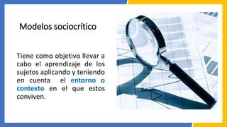 Modelos sociocrítico
Tiene como objetivo llevar a
cabo el aprendizaje de los
sujetos aplicando y teniendo
en cuenta el entorno o
contexto en el que estos
conviven.
 