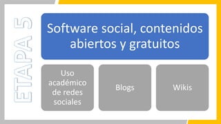 Software social, contenidos
abiertos y gratuitos
Uso
académico
de redes
sociales
Blogs Wikis
 