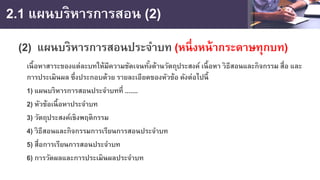 2.1 แผนบริหารการสอน (2)
(2) แผนบริหารการสอนประจําบท (หนึ่งหน้ากระดาษทุกบท)
เนื้อหาสาระของแต่ละบทให้มีความชัดเจนทั้งด้านวัตถุประสงค์ เนื้อหา วิธีสอนและกิจกรรม สื่อ และ
การประเมินผล ซึ่งประกอบด้วย รายละเอียดของหัวข้อ ดังต่อไปนี้
1) แผนบริหารการสอนประจําบทที่ .......
2) หัวข้อเนื้อหาประจําบท
3) วัตถุประสงค์เชิงพฤติกรรม
4) วิธีสอนและกิจกรรมการเรียนการสอนประจําบท
5) สื่อการเรียนการสอนประจําบท
6) การวัดผลและการประเมินผลประจําบท
 