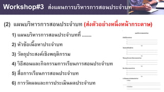 Workshop#3 ส่งแผนการบริหารการสอนประจําบท
(2) แผนบริหารการสอนประจําบท (ส่งตัวอย่างหนึ่งหน้ากระดาษ)
1) แผนบริหารการสอนประจําบทที่ .......
2) หัวข้อเนื้อหาประจําบท
3) วัตถุประสงค์เชิงพฤติกรรม
4) วิธีสอนและกิจกรรมการเรียนการสอนประจําบท
5) สื่อการเรียนการสอนประจําบท
6) การวัดผลและการประเมินผลประจําบท
 