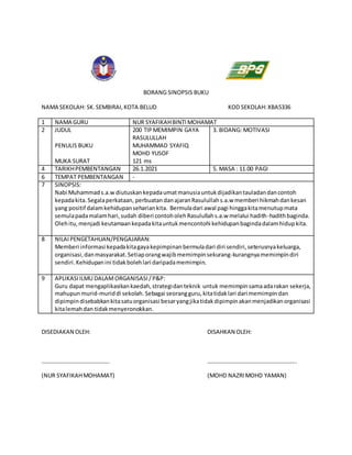BORANG SINOPSIS BUKU
NAMA SEKOLAH: SK.SEMBIRAI,KOTA BELUD KOD SEKOLAH:XBA5336
1 NAMA GURU NUR SYAFIKAHBINTIMOHAMAT
2 JUDUL
PENULIS BUKU
MUKA SURAT
200 TIPMEMIMPIN GAYA
RASULULLAH
MUHAMMAD SYAFIQ
MOHD YUSOF
121 ms
3. BIDANG: MOTIVASI
4 TARIKHPEMBENTANGAN 26.1.2021 5. MASA : 11.00 PAGI
6 TEMPAT PEMBENTANGAN -
7 SINOPSIS:
Nabi Muhammads.a.w diutuskankepadaumatmanusiauntukdijadikantauladandancontoh
kepadakita.Segalaperkataan, perbuatandanajaranRasulullahs.a.w memberi hikmahdankesan
yang positif dalamkehidupansehariankita. Bermuladari awal pagi hinggakitamenutupmata
semulapadamalamhari,sudah diberi contoholehRasulullahs.a.w melalui hadith-hadithbaginda.
Olehitu,menjadi keutamaankepadakitauntukmencontohi kehidupanbagindadalamhidupkita.
8 NILAIPENGETAHUAN/PENGAJARAN:
Memberi informasi kepadakitagayakepimpinanbermuladari diri sendiri,seterusnyakeluarga,
organisasi,danmasyarakat.Setiaporangwajibmemimpinsekurang-kurangnyamemimpindiri
sendiri.Kehidupanini tidakbolehlari daripadamemimpin.
9 APLIKASIILMU DALAMORGANISASI/P&P:
Guru dapat mengaplikasikankaedah,strategidanteknik untuk memimpinsamaadarakan sekerja,
mahupun murid-muriddi sekolah. Sebagai seorangguru,kitatidaklari dari memimpindan
dipimpindisebabkankitasatuorganisasi besaryangjikatidakdipimpinakanmenjadikanorganisasi
kitalemahdan tidakmenyeronokkan.
DISEDIAKAN OLEH: DISAHKAN OLEH:
……………………………………….. ……………………………………………………..
(NUR SYAFIKAHMOHAMAT) (MOHD NAZRIMOHD YAMAN)
 