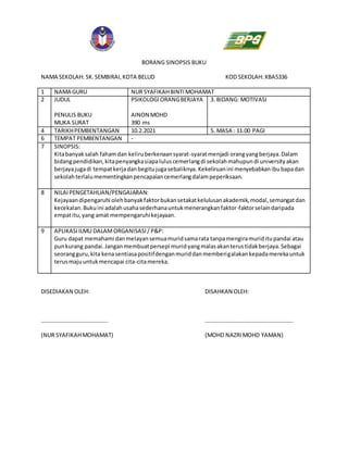 BORANG SINOPSIS BUKU
NAMA SEKOLAH: SK.SEMBIRAI,KOTA BELUD KOD SEKOLAH:XBA5336
1 NAMA GURU NUR SYAFIKAHBINTIMOHAMAT
2 JUDUL
PENULIS BUKU
MUKA SURAT
PSIKOLOGIORANGBERJAYA
AINON MOHD
390 ms
3. BIDANG: MOTIVASI
4 TARIKHPEMBENTANGAN 10.2.2021 5. MASA : 11.00 PAGI
6 TEMPAT PEMBENTANGAN -
7 SINOPSIS:
Kitabanyaksalah fahamdan keliruberkenaansyarat-syaratmenjadi orangyangberjaya.Dalam
bidangpendidikan,kitapenyangkasiapaluluscemerlangdi sekolahmahupundi universityakan
berjayajugadi tempatkerjadanbegitujugasebaliknya. Kekeliruanini menyebabkanibubapadan
sekolahterlalumementingkanpencapaiancemerlangdalampeperiksaan.
8 NILAIPENGETAHUAN/PENGAJARAN:
Kejayaandipengaruhi olehbanyakfaktorbukansetakatkelulusanakademik,modal,semangatdan
kecekalan.Bukuini adalahusahasederhanauntukmenerangkanfaktor-faktorselaindaripada
empatitu,yang amat mempengaruhikejayaan.
9 APLIKASIILMU DALAMORGANISASI/ P&P:
Guru dapat memahami danmelayansemuamuridsamarata tanpamengiramuriditupandai atau
punkurang pandai.Janganmembuatpersepi muridyangmalasakanterustidakberjaya.Sebagai
seorangguru,kita kenasentiasapositifdenganmuriddanmemberigalakankepadamerekauntuk
terusmajuuntukmencapai cita-citamereka.
DISEDIAKAN OLEH: DISAHKAN OLEH:
……………………………………….. ……………………………………………………..
(NUR SYAFIKAHMOHAMAT) (MOHD NAZRIMOHD YAMAN)
 