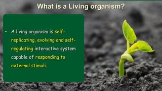 What is a Living organism?
• A living organism is self-
replicating, evolving and self-
regulating interactive system
capable of responding to
external stimuli.
 
