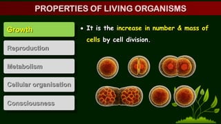 Growth
Reproduction
Metabolism
Cellular organisation
Consciousness
 It is the increase in number & mass of
cells by cell division.
PROPERTIES OF LIVING ORGANISMS
 