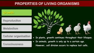 Growth
Reproduction
Metabolism
Cellular organisation
Consciousness
 In plants, growth continues throughout their lifespan.
 In animals, growth is only up to a certain age.
However, cell division occurs to replace lost cells.
PROPERTIES OF LIVING ORGANISMS
 