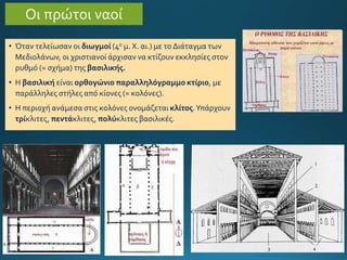 • Όταν τελείωσαν οι διωγμοί (4ο μ. Χ. αι.) με το Διάταγμα των
Μεδιολάνων, οι χριστιανοί άρχισαν να κτίζουν εκκλησίες στον
ρυθμό (= σχήμα) της βασιλικής.
• Η βασιλική είναι ορθογώνιο παραλληλόγραμμο κτίριο, με
παράλληλες στήλες από κίονες (= κολόνες).
• Η περιοχή ανάμεσα στις κολόνες ονομάζεται κλίτος.Υπάρχουν
τρίκλιτες, πεντάκλιτες, πολύκλιτες βασιλικές.
Οι πρώτοι ναοί
 