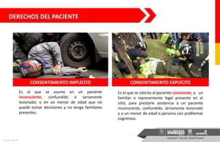DERECHOS DEL PACIENTE
Es el que se asume en un paciente
inconsciente, confundido o seriamente
lesionado; o en un menor de edad que no
puede tomar decisiones y no tenga familiares
presentes.
Es el que se solicita al paciente consciente, a un
familiar o representante legal presente en el
sitio, para prestarle asistencia a un paciente
inconsciente, confundido, seriamente lesionado
y a un menor de edad o persona con problemas
cognitivos.
Fuente: UAECOB
CONSENTIMIENTO IMPLÍCITO CONSENTIMIENTO EXPLÍCITO
 