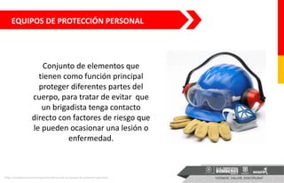 EQUIPOS DE PROTECCIÓN PERSONAL
Conjunto de elementos que
tienen como función principal
proteger diferentes partes del
cuerpo, para tratar de evitar que
un brigadista tenga contacto
directo con factores de riesgo que
le pueden ocasionar una lesión o
enfermedad.
https://calzadosicura.com/importancia-del-uso-de-los-equipos-de-proteccion-personal/
 