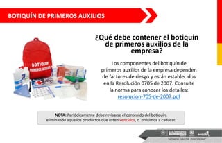¿Qué debe contener el botiquín
de primeros auxilios de la
empresa?
Los componentes del botiquín de
primeros auxilios de la empresa dependen
de factores de riesgo y están establecidos
en la Resolución 0705 de 2007. Consulte
la norma para conocer los detalles:
resolucion-705-de-2007.pdf
NOTA: Periódicamente debe revisarse el contenido del botiquín,
eliminando aquellos productos que esten vencidos, o próximos a caducar.
BOTIQUÍN DE PRIMEROS AUXILIOS
 