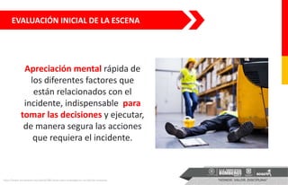 EVALUACIÓN INICIAL DE LA ESCENA
Apreciación mental rápida de
los diferentes factores que
están relacionados con el
incidente, indispensable para
tomar las decisiones y ejecutar,
de manera segura las acciones
que requiera el incidente.
https://www.europreven.es/noticia/588-claves-para-investigacion-accidentes-empresa-
 