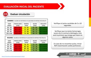 Verifique el pulso carotideo de 5 a 10
segundos.
Verifique que no exista hemorragia
severa de lo contrario deténgala, esto
será lo primero que tenga que hacer en
algunos casos.
En caso de no encontrar pulso, iniciar
RCP (reanimación cardio pulmonar).
https://m.forocoches.com/foro/showthread.php?t=5793153
EVALUACIÓN INICIAL DEL PACIENTE
Evaluar circulación
 
