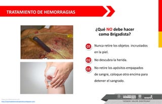 TRATAMIENTO DE HEMORRAGIAS
¿Qué NO debe hacer
como Brigadista?
• Nunca retire los objetos incrustados
en la piel.
• No descubra la herida.
• No retire los apósitos empapados
de sangre, coloque otro encima para
detener el sangrado.
https://es.dreamstime.com
http://traumaabdominalurgmedica.blogspot.com/
 