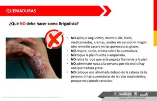 ¿Qué NO debe hacer como Brigadista?
QUEMADURAS
• NO aplique ungüentos, mantequilla, hielo,
medicamentos, cremas, aceites en aerosol ni ningún
otro remedio casero en las quemaduras graves.
• NO respire, sople, ni tosa sobre la quemadura.
• NO toque la piel muerta o ampollada.
• NO retire la ropa que esté pegada fijamente a la piel.
• NO administre nada a la persona por vía oral si hay
una quemadura grave.
• NO coloque una almohada debajo de la cabeza de la
persona si hay quemaduras de las vías respiratorias,
porque esto puede cerrarlas.
https://www.diabetesjuntosxti.mx/tratamiento/remedios-para-las-quemaduras/2015/10/
 