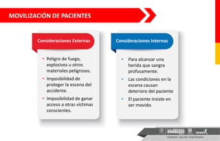 MOVILIZACIÓN DE PACIENTES
• Peligro de fuego,
explosivos u otros
materiales peligrosos.
• Imposibilidad de
proteger la escena del
accidente.
• Imposibilidad de ganar
acceso a otras víctimas
conscientes.
• Para alcanzar una
herida que sangra
profusamente.
• Las condiciones en la
escena causan
deterioro del paciente
• El paciente insiste en
ser movido.
Consideraciones Externas Consideraciones Internas
 