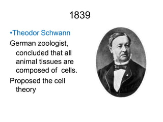 1839
•Theodor Schwann
German zoologist,
concluded that all
animal tissues are
composed of cells.
Proposed the cell
theory
 