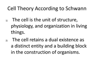 Cell Theory According to Schwann
1) The cell is the unit of structure,
physiology, and organization in living
things.
2) The cell retains a dual existence as
a distinct entity and a building block
in the construction of organisms.
 