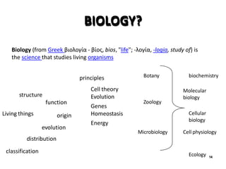 14
BIOLOGY?
Biology (from Greek βιολογία - βίος, bios, "life"; -λογία, -logia, study of) is
the science that studies living organisms
Living things
structure
function
origin
evolution
distribution
classification
principles
Cell theory
Evolution
Genes
Homeostasis
Energy
Microbiology
Molecular
biology
biochemistry
Zoology
Botany
Cellular
biology
Cell physiology
Ecology
 